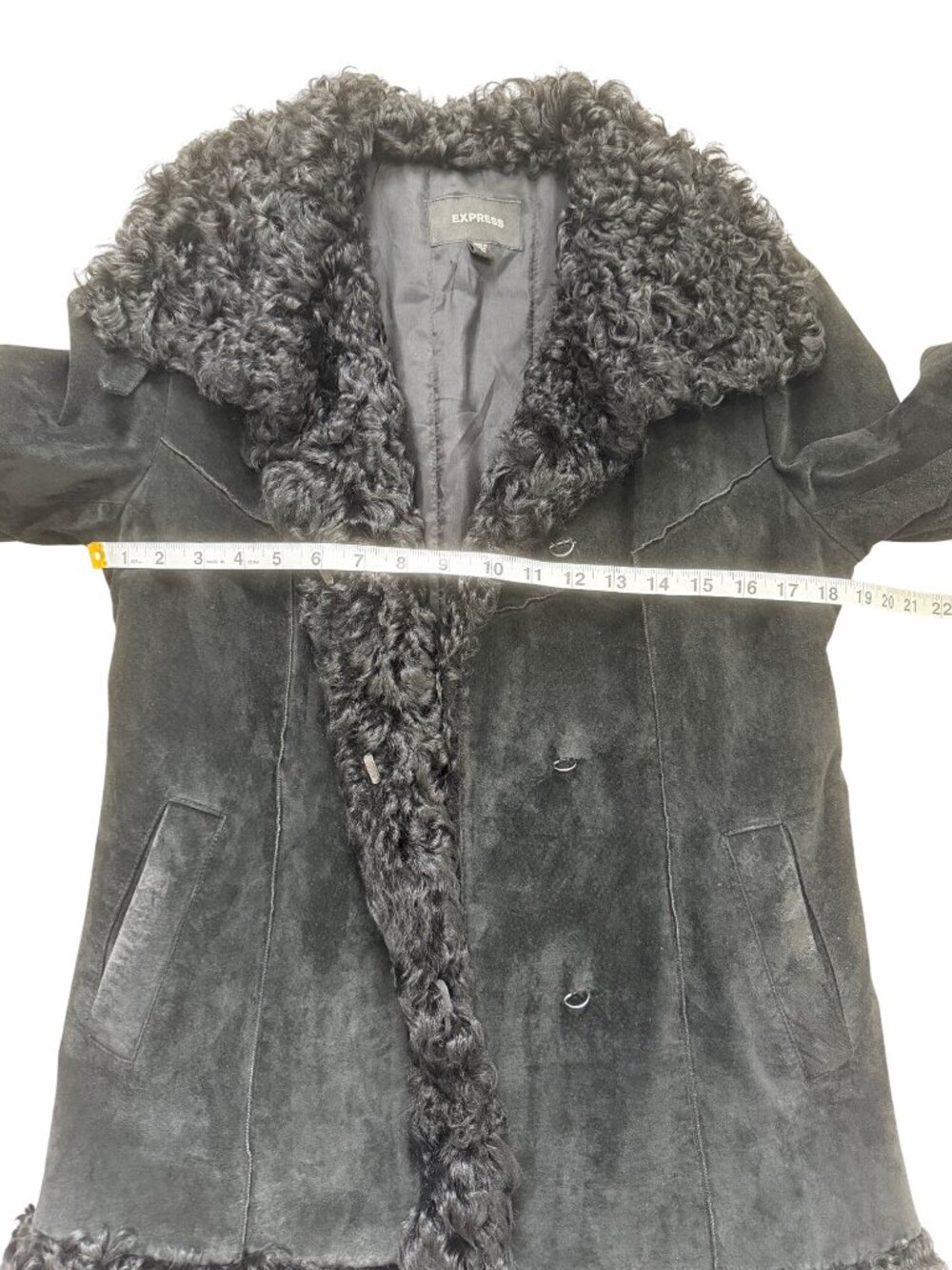 Express Womens Size M Suede Jacket Black Lambs Fur Trim - Picture 5 of 8